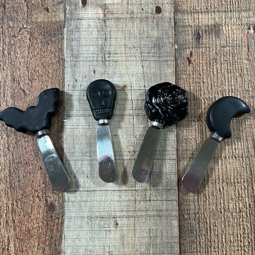 Gothic Halloween Cheese Spreader Set Four Black Bat Skull Rose Moon Kitchen